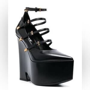 Versace Tempest Calf Leather Black Platform Pumps with Gold Hardware Size 39